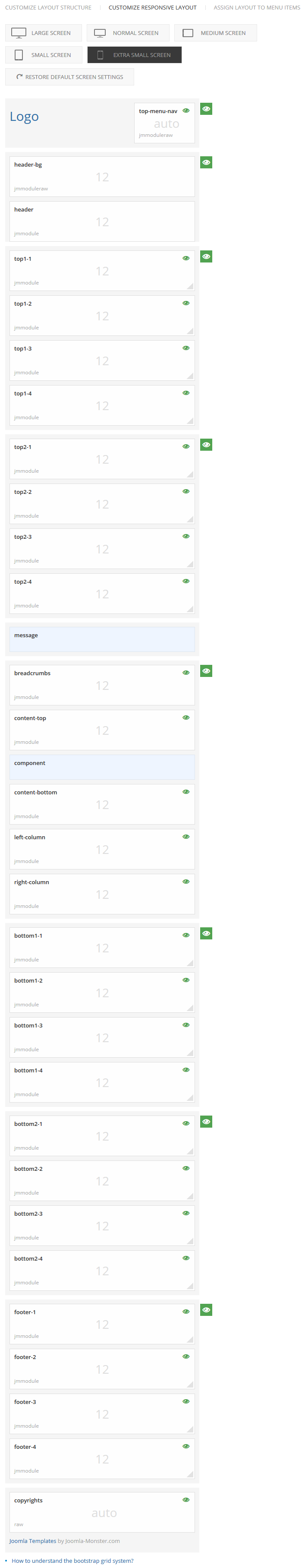 Module positions for extra small screen