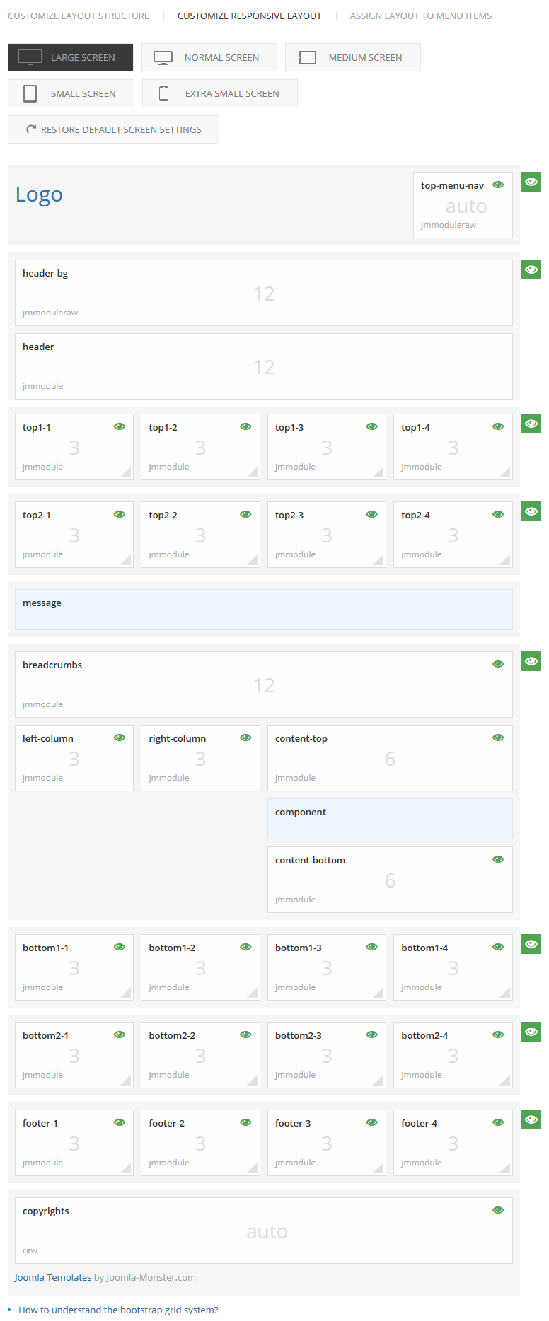 Module positions for normal and large screen